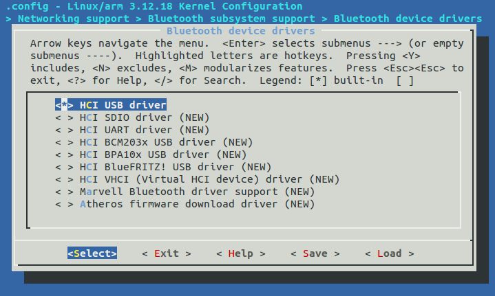 Kernel configuration. Uacdemov1.0 Bluetooth device Driver.