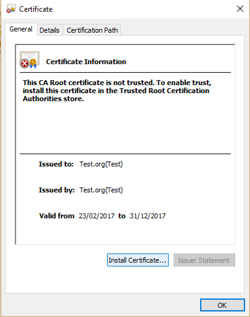 Install certificate (Test.cer) to local machine